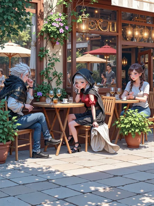 Prompt: sitting outside of a restaurant in front of a table