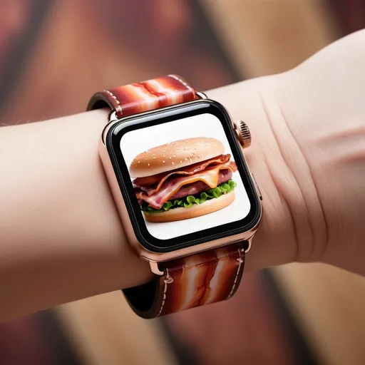 Prompt: CREATE A product image of a persons arm and hand, they are wearing a Iphone watch. The watch strap is made out of bacon, make the  ads theme look like its from Apple.