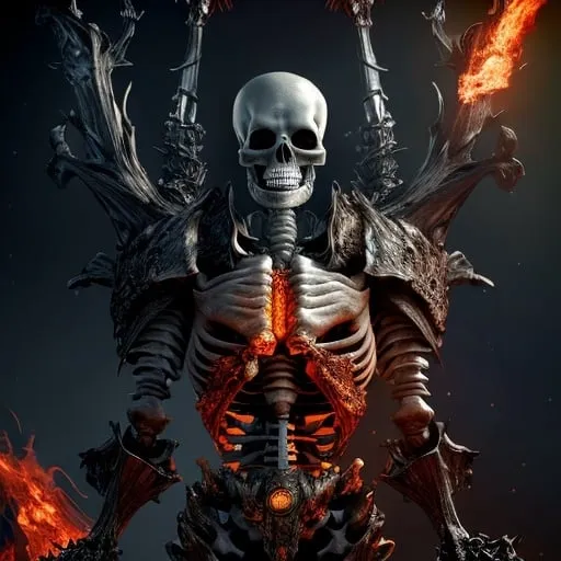 Prompt: Ultra-detailed, gigantic full-body dark-armored skeleton with a fiery sword, cosmic space background, detailed bones, intricate armor, intense flames, intergalactic, epic fantasy, dark tones, atmospheric lighting