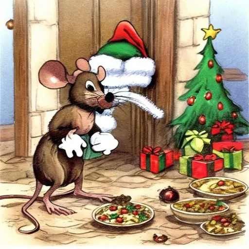 Prompt: christmas mouse scurrying across floor to table with a christmas feast cartoon
