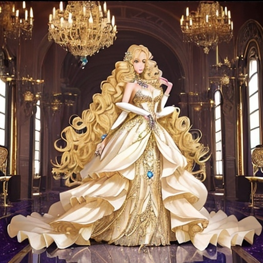 Prompt: Beautiful blonde woman with hair in elaborate floor length jeweled curls and a huge expensive bejeweled ball gown with a long elegant train