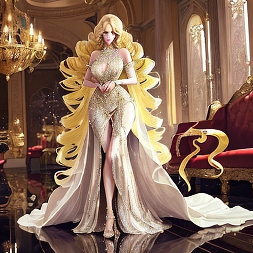 Prompt: Beautiful blonde woman with hair in elaborate floor length jeweled curls and a huge expensive bejeweled ball gown with a long elegant train