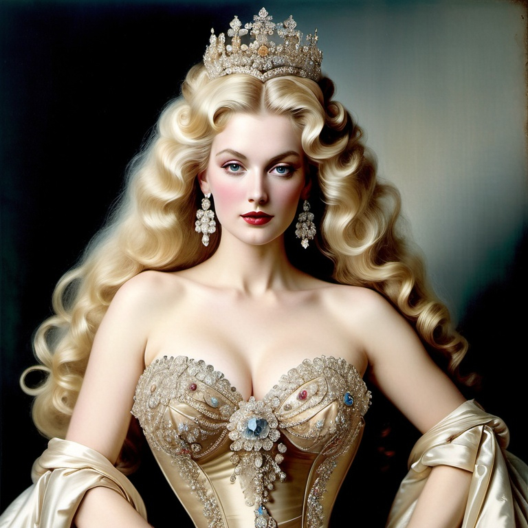 Prompt: Beautiful tall blonde woman with as much extremely thick, immensely voluminous hair as thirty other women combined, in elaborate forty foot long curls bedecked with copious amounts of jewels; a huge expensive hoop-like ball gown with a diameter of eight feet, made with the finest silk, and adorned in excessive amounts with jewels and precious metals, with an extremely long elegant train; and a huge queenly silver tiara with immense diamonds set within it