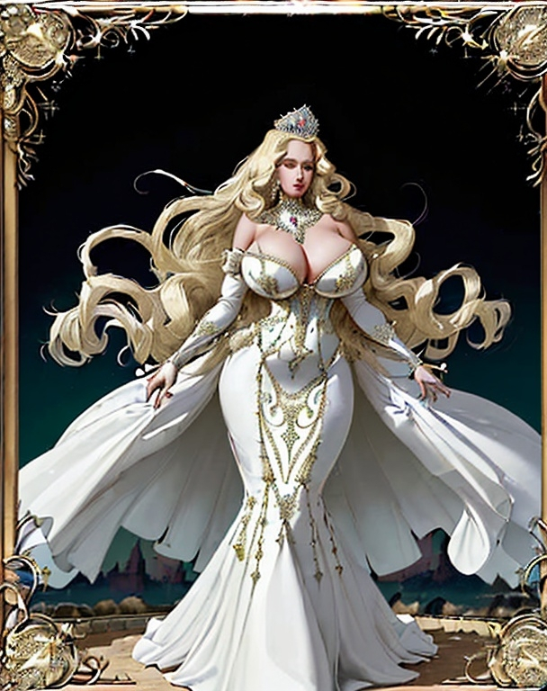 Prompt: A picture from a relatively faraway perspective that shows all of the hair, body and gown of a beautiful tall blonde woman with as much extremely thick, immensely voluminous fifty foot long hair as one hundred other women combined, with jewels in it, in elaborate fifty foot long curls with copious amounts of jewels woven into, hanging from, and placed onto her hair; a huge expensive hoop-like ball gown with a diameter of eight feet, made with the finest silk, and adorned in excessive amounts with jewels and precious metals, with an extremely long elegant train; and a huge queenly silver tiara with immense diamonds set within it