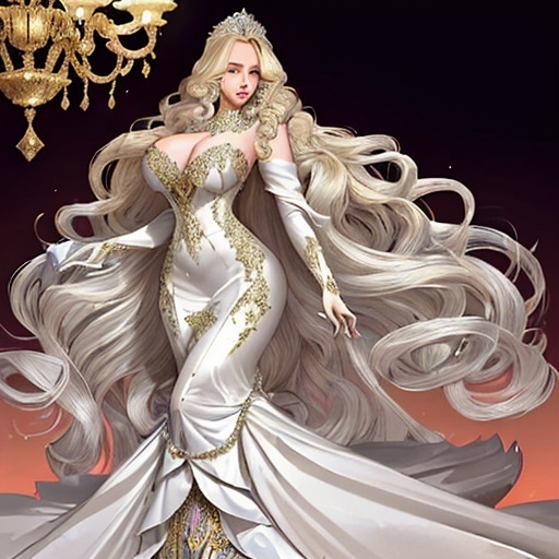 Prompt: Beautiful tall blonde woman with as much extremely thick hair as thirty woman in elaborate twenty foot long curls bedecked with a copious amount of jewels and a huge expensive silken ball gown with a diameter of seven feet and covered in jewels and precious metals, an extremely long elegant train, and a large, silver tiara with huge diamonds set in it