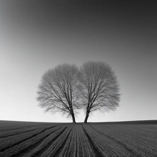 Prompt: open field with few trees, black and white