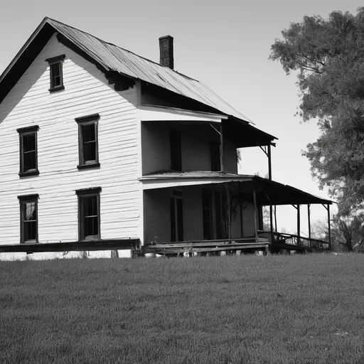 Prompt: black and white homestead close up