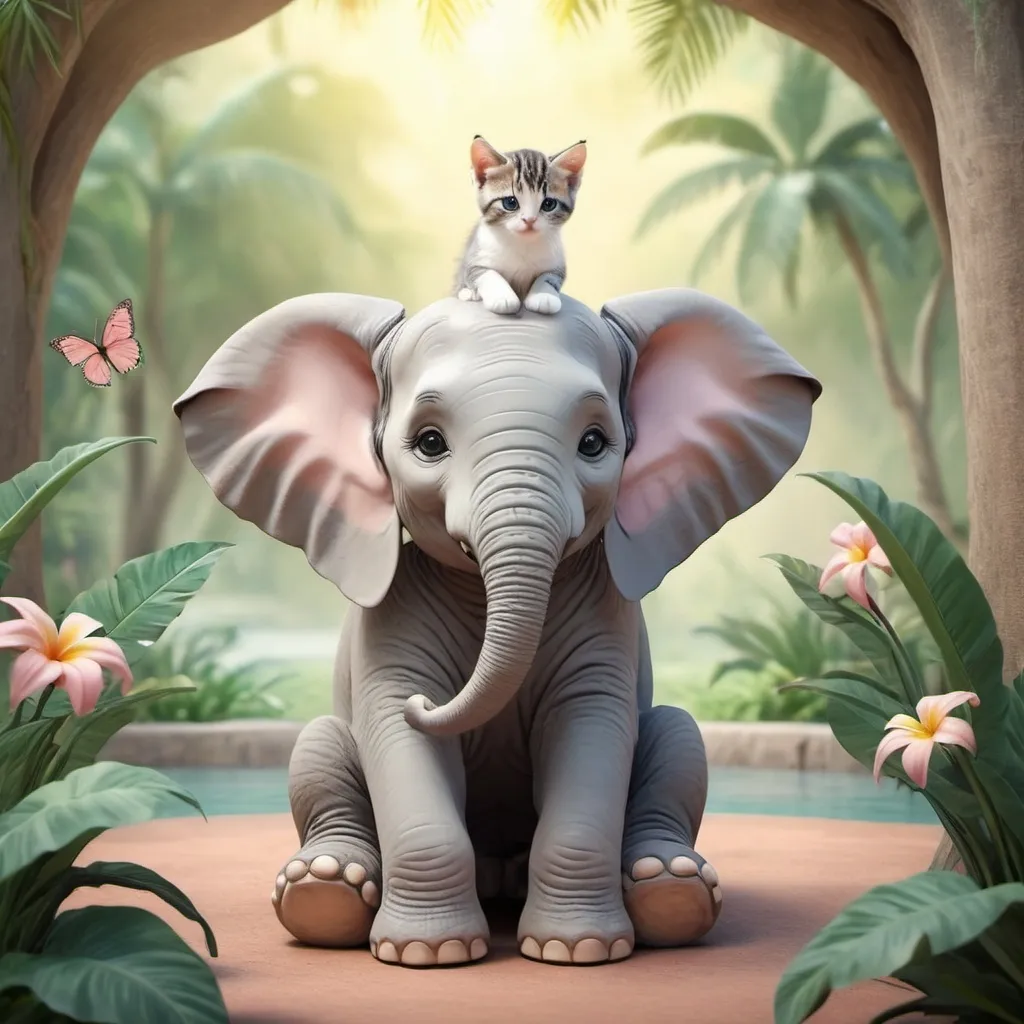 Prompt: (cute cat sitting on elephant), whimsical scene, playful and charming ambiance, (gentle pastel colors), soft lighting, delightful interaction between the cat and elephant, serene background depicting a lush tropical landscape, (high definition), full of joy and innocence, perfect for animal lovers and enthusiasts.