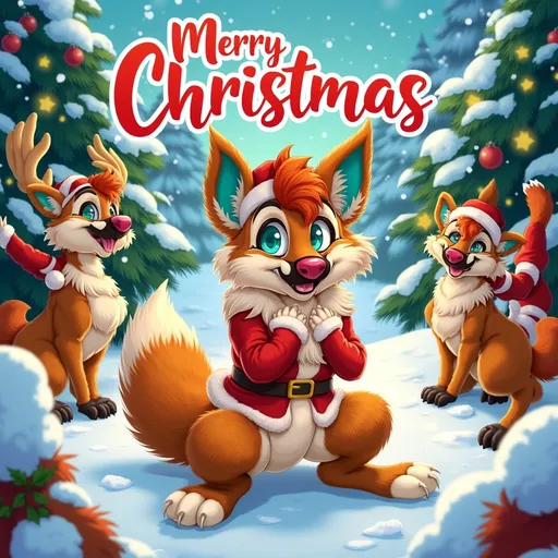 Prompt: (accurately spelled text "Merry Christmas"), anthropomorphic coyote, adult cartoon style, charming Christmas scene, vibrant colors, whimsical atmosphere, festive decorations, surrounded by Santa's reindeer, playful expressions, snow-covered background, cozy holiday vibes, cheerful energy, detailed character features, warm lighting, high-quality illustration, engaging visual composition.