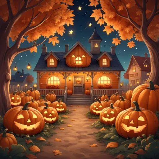 Prompt: A cozy pumpkin patch at night in a cartoon style