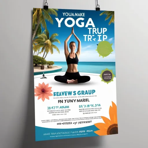 Prompt: Make an advertisement flyer for yoga group trip  just make 1 poster full size with space for all details 