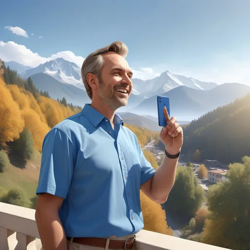 Prompt: (photorealistic) image of a (man) standing on a balcony, pointing at his (cell phone), wearing a (blue shirt), with a majestic (mountain) in the background. Natural daylight illuminates the scene, creating a (cheerful) atmosphere. The vivid colors of the landscape enhance the sense of clarity and awe. (stock photo), high quality, ultra-detailed.