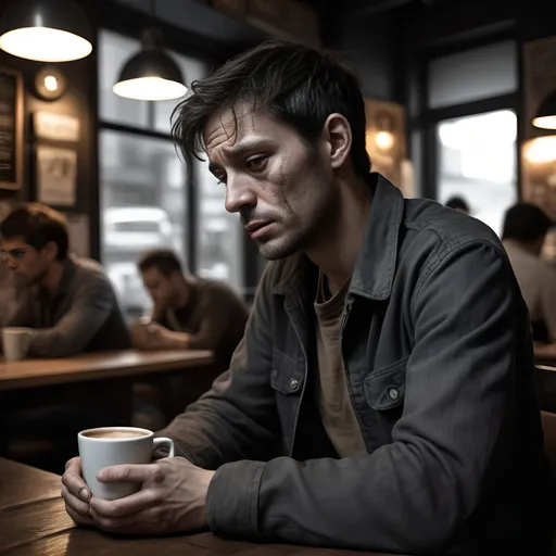 Prompt: (realism style), a weary (30-year-old man), deep lines of fatigue etched on his face, expression showing resignation, dressed in worn-out work clothes, working at a coffee shop, surrounded by ignorant wealthy people and college students born into generational wealth, contrasting stark shadows, subtle hints of light filtering through, heavy atmosphere of frustration, sense of entrapment in a dark color scheme, ultra-detailed, (grim) ambiance, evoking themes of persistence and monotony.