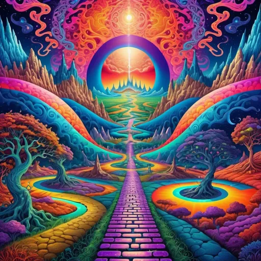 Prompt: Psychedelic fantasy landscape with intertwining paths of good and evil, vibrant and surreal colors, mystical atmosphere, detailed and intricate patterns, high quality, fantasy, vibrant colors, detailed patterns, surreal, mystical atmosphere, intertwining paths, good and evil, psychedelic, fantasy landscape, intricate design, otherworldly, colorful, atmospheric lighting