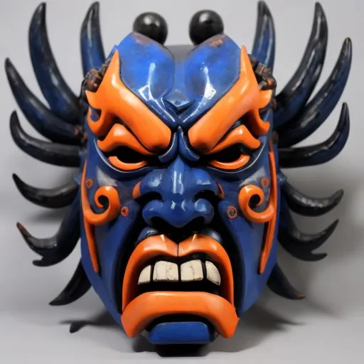 Prompt: a japanese oni mask with elements of blue, orange, and black, cartoon style, 2 dimensional