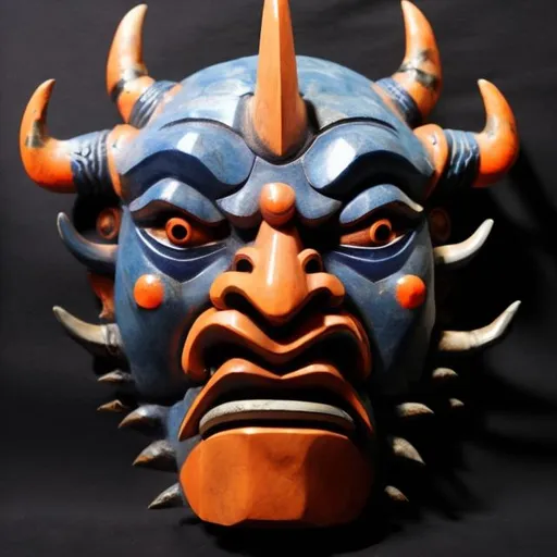 Prompt: a japanese oni mask with elements of blue, orange, and black