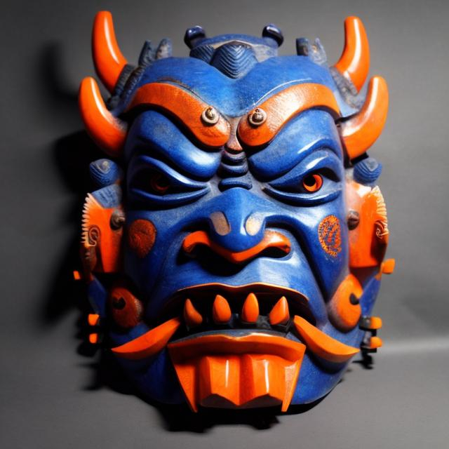 Prompt: a japanese oni mask with elements of blue, orange, and black