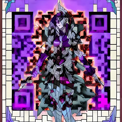 Prompt: Femail tiefling with purple skin stands in armor with the skirt, behind her stained glass. She holds fire sword. QR Code are too strong