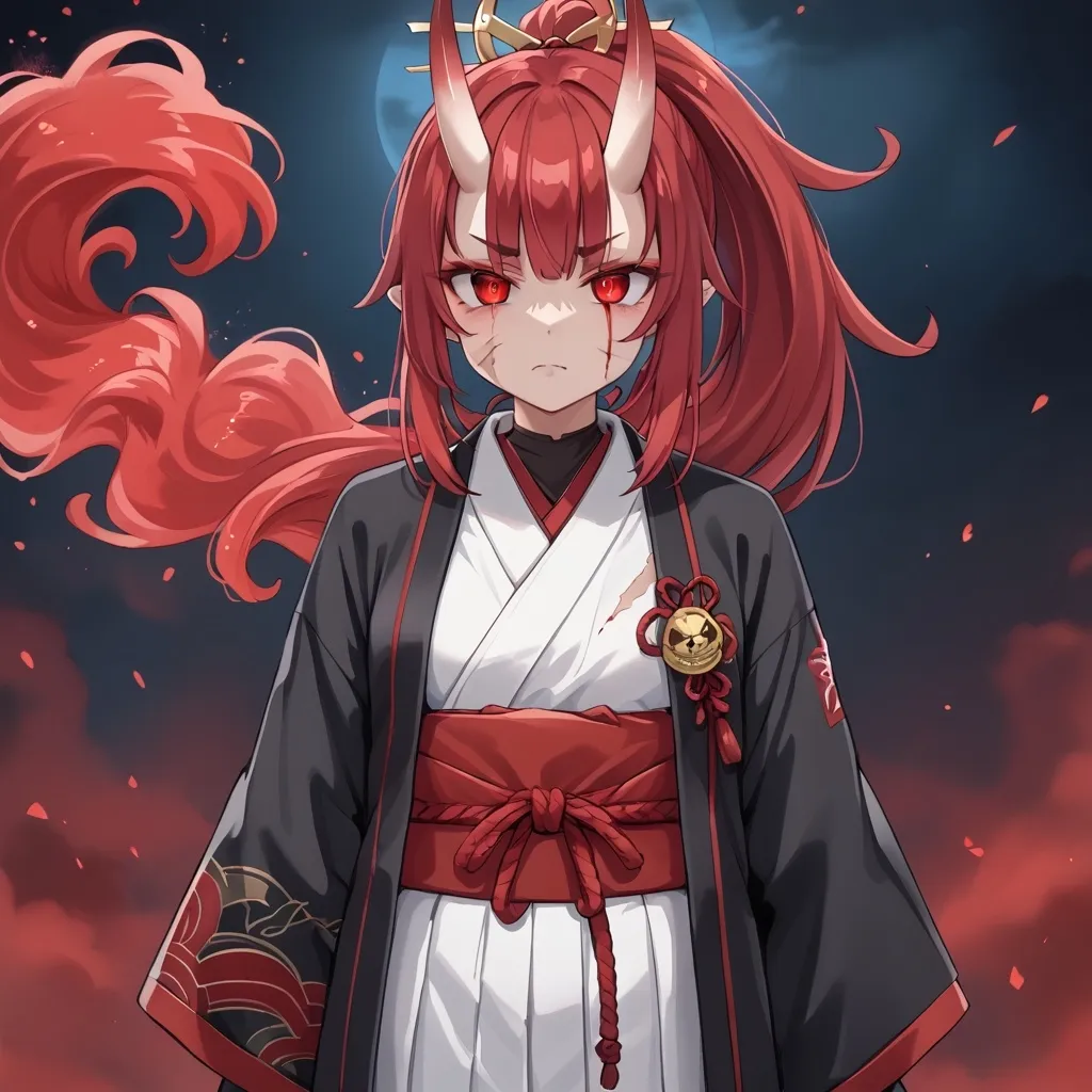 Prompt: a girl with dreads in a ponytail wearing a white hakama and black kimono, scars on body and face, oni face armor, evil eyes, covered in blood, red ethereal aura around her, red spiky halo over her head, side front view