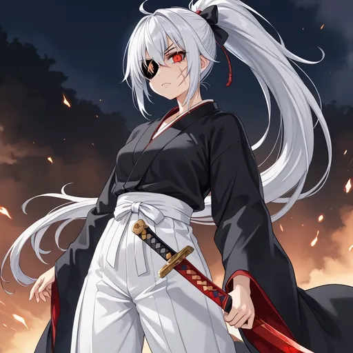 Prompt: a woman with dreads in a long ponytail wearing a white hakama and black kimono, scars on body and face, wearing an eyepatch, evil eyes, unsheathing a sword from her hip