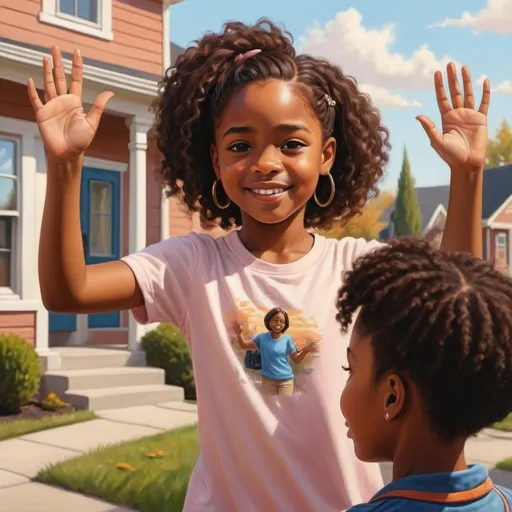 Prompt: African-American girl waving goodbye to her parents, realistic painting, suburban neighborhood, vibrant and warm colors, detailed facial features, natural lighting, emotional farewell, high quality, realistic, suburban, emotional, warm colors, detailed features, natural lighting