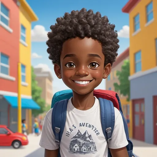 Prompt: a smiling black boy, around 8 to 10 years old, with smooth dark skin. He has short curly hair, perhaps with a fade or a neatly trimmed style. His eyes are wide and bright, reflecting curiosity and enthusiasm. He wears a colorful backpack slung over one shoulder, filled with books and school supplies. He's dressed in a casual outfit, maybe a T-shirt with a fun design, jeans, and sneakers, ready for a day of adventure and learning. His posture is confident and relaxed, and he might have a playful expression on his face, showcasing his youthful energy and joyfulness