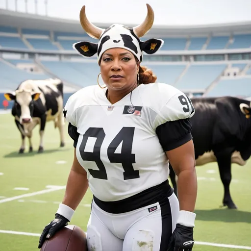 Prompt: Queen latifa as a cow in American football gear