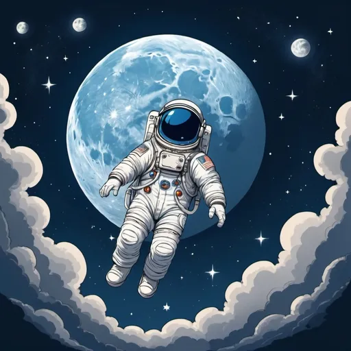 Prompt: Un astronaute volant dans le ciel bleu et essayant d'embrasser la lune, style dessin animé, style frais et simple