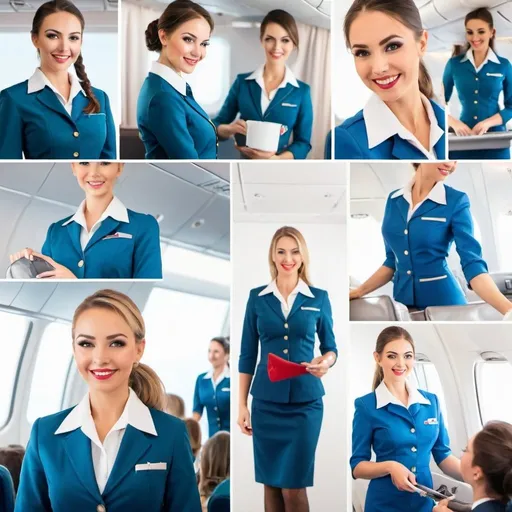 Prompt: collage of images with airhostesses in different uniforms  performing various duties
