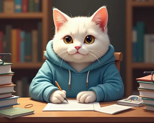 Prompt: (ultra-detailed), white cat, wearing a (cozy blue sweatshirt), sitting at a (wooden desk), focused expression, (holding a pen), surrounded by scattered papers and books, studying carefully, (warm lighting), (cheerful ambiance), soft shadows, intricate details of the desk and homework materials, high quality, lifelike fur texture, enivronment filled with cozy elements.