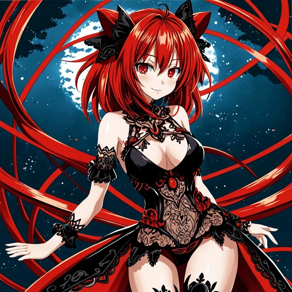 Prompt: anime, girl, very detailed, red hair, playful, red eyes, very detailed, revealing clothes 