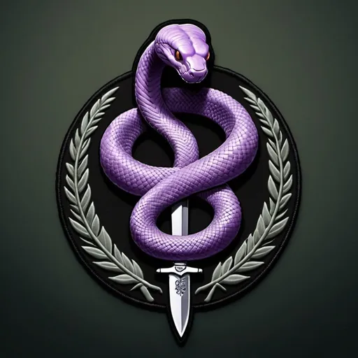 Prompt: A purble snake of the naja species holdung a combat knife is the logo of a patch.