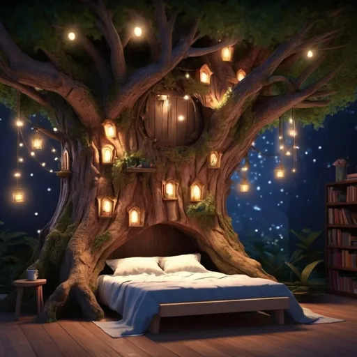 Prompt: realistic HD fairy room in a tree trunk, nighttime, bedroom, little lights outside, peaceful