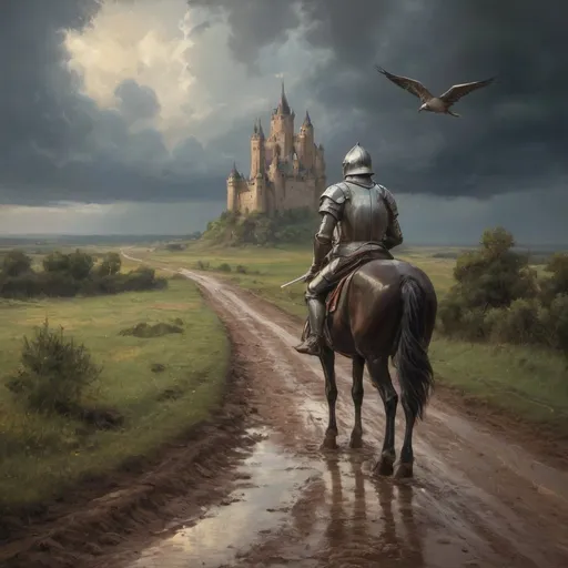 Prompt: landscape, knight on muddy road, castle,painting,colorful,stormy clouds, birds in distance 