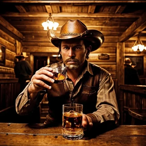 Prompt: drinking whiskey cowboy in an old western saloon