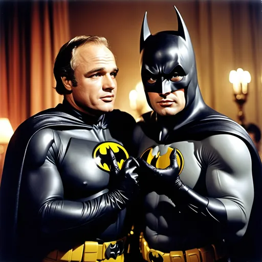 Prompt: Marlon Brando and Batman are celebrating New Year's eve in Hungary. In color