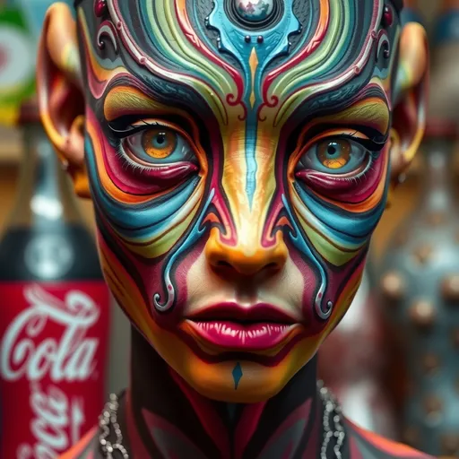 Prompt: (Avatar design), unique hybrid human-alien features, striking (psychedelic eyes), distinctive (visible third eye), detailed facial makeup blending styles, (bold colors), whimsical spirit, (Coca-Cola bottle in the background), bold branding, surreal feel, vibrant hues and patterns, capturing a playful yet intriguing vibe, (4K), ultra-detailed, imaginative concept, balanced lighting for dramatic effect, creative expression.