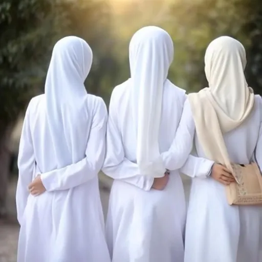 Prompt: 3 girls picture who are going College and show the backside.they were borka and with a bag in shoulde.they Don't show their body.they wear white hijab with style