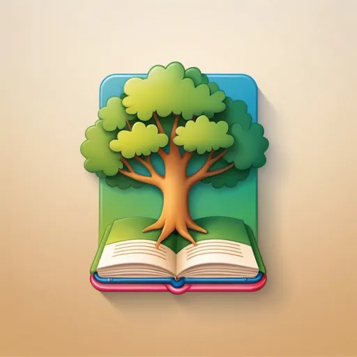 Prompt: A mobile app icon for a kindergarten app with a notebook and tree, but it should be as simple as an app icon. Background should be single color, a gradient if necessary and there should be no texts or letters, no 3d background, just flat one color background behind the notebook & tree