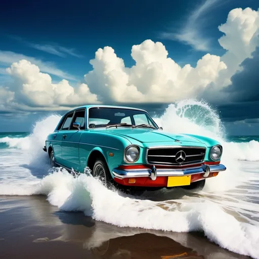 Prompt: (car emerging from waves), vibrant colors, high ocean contrast, surreal atmosphere, dynamic water splashes, soft rippling reflections, dramatic clouds overhead, peaceful yet adventurous vibe, intricate details on the car, (high quality), HD, creative composition inspired by nature and technology.