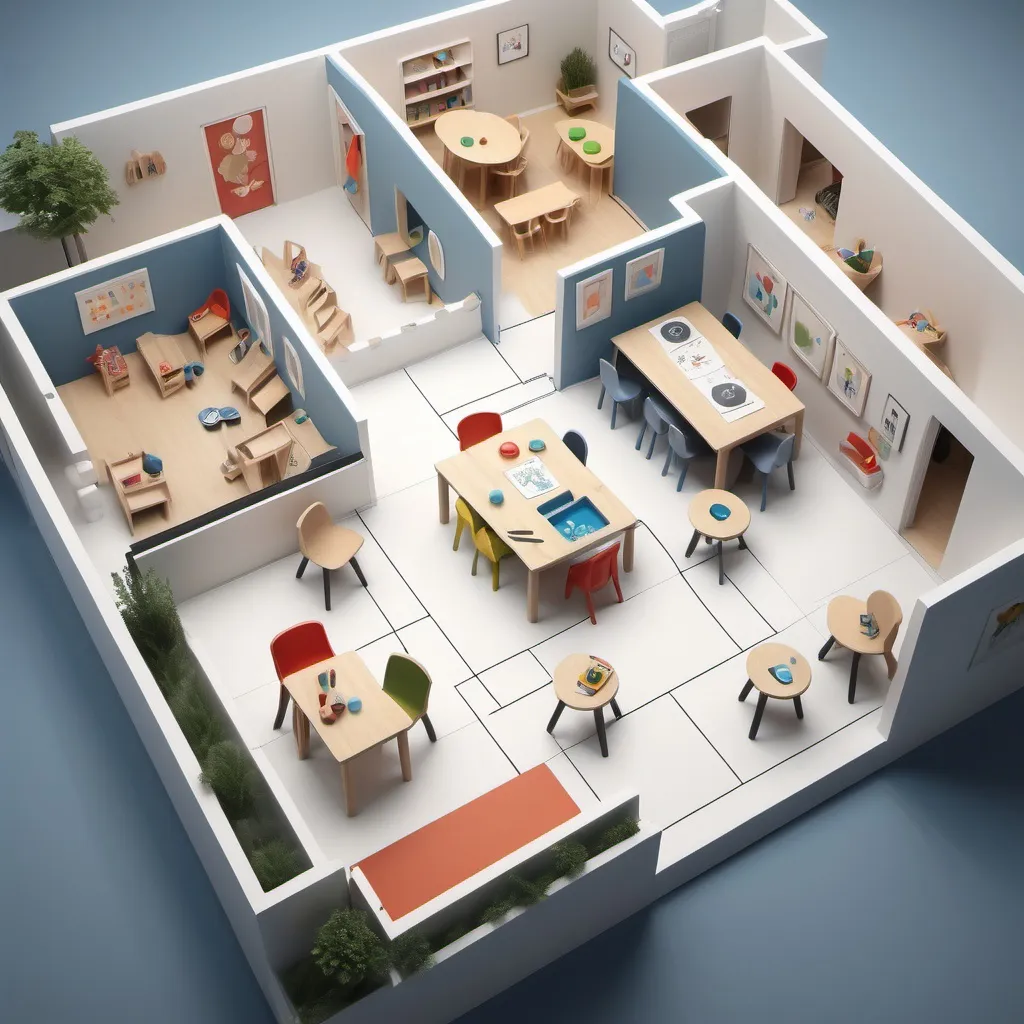 Prompt: Create a detailed floor plan blueprint for a one-storey 150 sqm open concept but child friendly and easily accessible space. The layout will include art stations with multiple chairs and round tables where children can engage in individual or small group activities, equipped with supplies like paints, brushes, and clay. These stations will be spacious to allow free movement and safe material handling. There will also be sensory-friendly zones, designed with soft lighting, tactile materials, and calming visuals, providing a soothing environment for children who need less stimulation. Additionally, collaborative spaces will encourage social interaction, where children can work together on group projects like murals and sculptures, fostering teamwork and emotional development. Administrative areas will include a reception desk for check-ins and inquiries, ample storage for art supplies, and an office to manage bookings, finances, and communications. 
