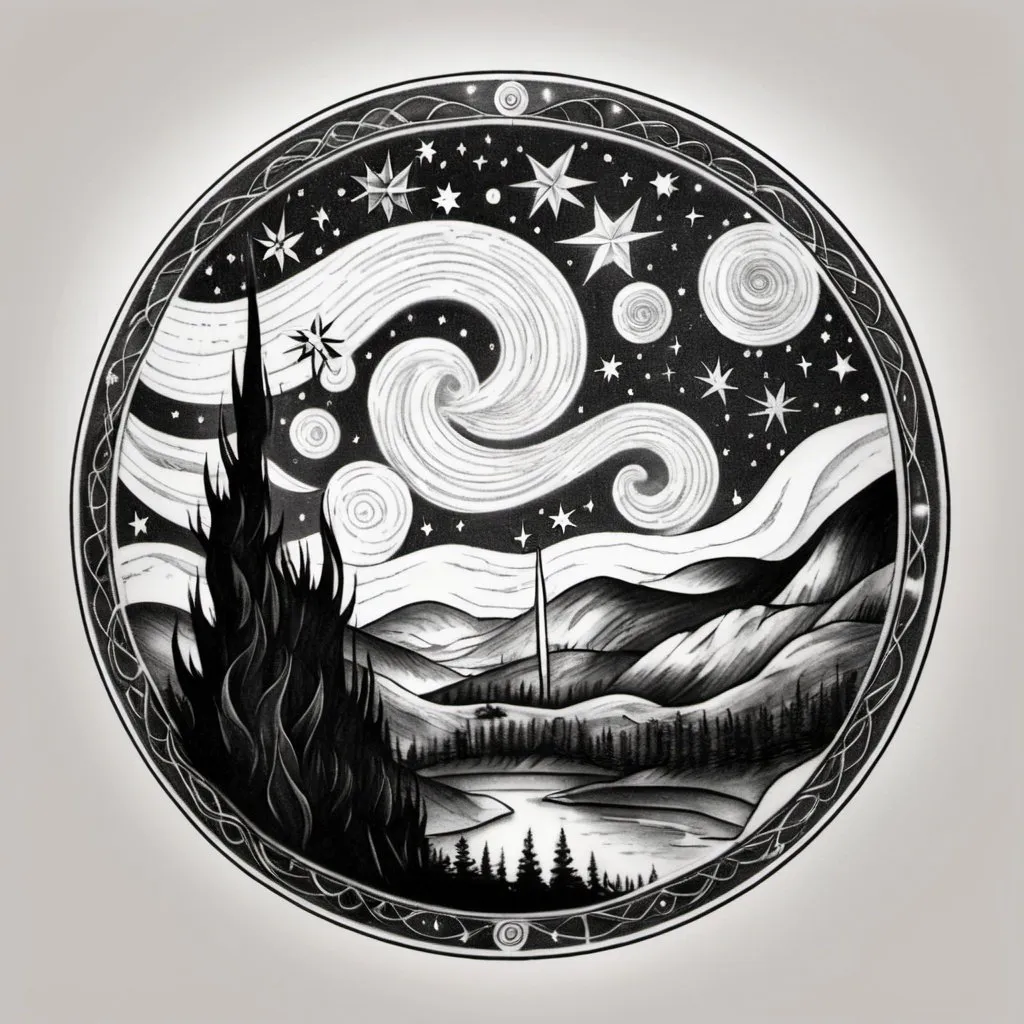 Prompt: Circular tattoo of a starry night, medium-sized, detailed celestial elements, high-quality, realistic, black and white, respectful