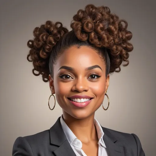 Prompt: Create a vibrant cartoon-style headshot of a beautiful Black woman with light brown skin. She wears a sharp, professional suit, and her hair is styled in a large, voluminous curly bun on top of her head. Her expression is confident and warm, with a friendly smile and bright eyes.