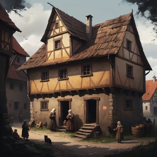 Prompt: czech medieval poor family house, children around, bruh painting concept art, dark colors
