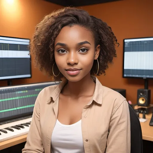 Prompt: A very beautiful and attractive European-African hybrid girl with a light brown face with brown hair and a boyish age of 25 years old in a program recording studio and can be used as a character for social networks. The photo should be designed realistically.