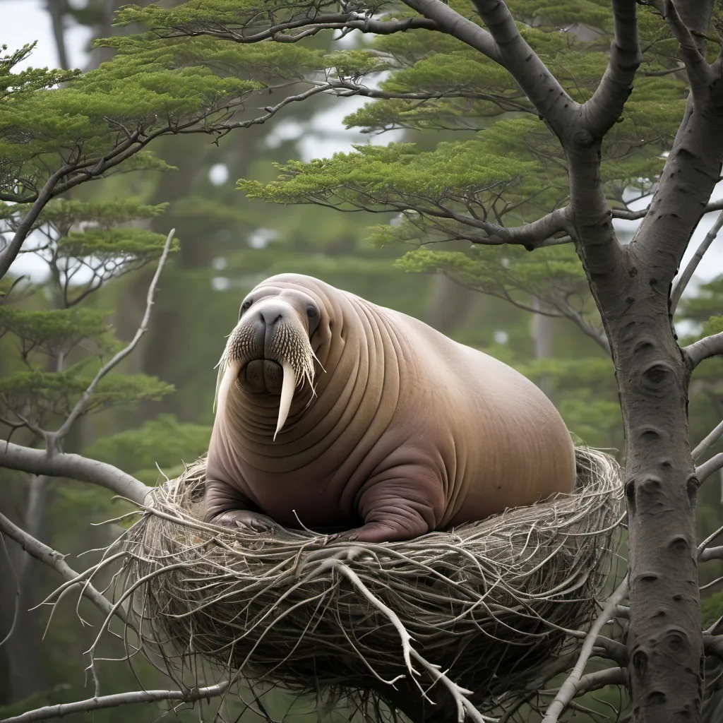 Prompt: A walrus building a nest in treetops 