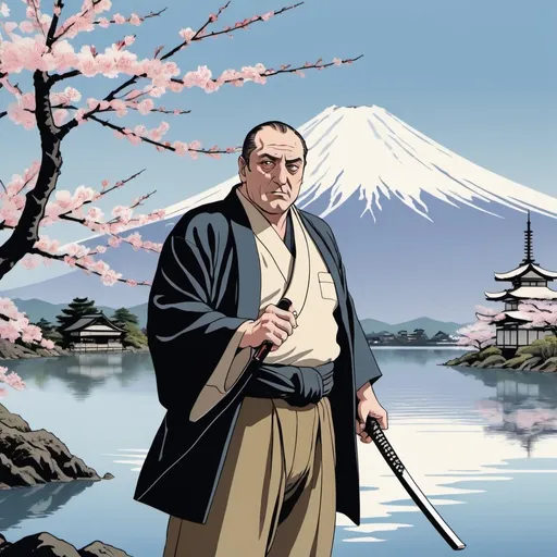 Prompt: Ukiyo-e japanese art of Tony soprano with a katana in his hand near a lake with Mount Fuji and cherry blossom in the background made in Japanese style