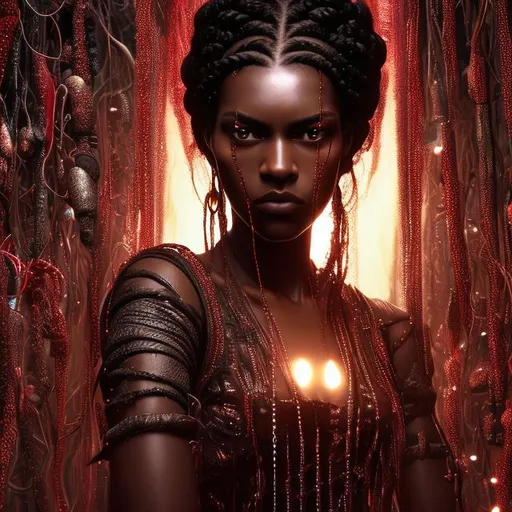 Prompt: A moody photo realistic high resolution picture of a Beautiful, 6 foot tall, dark skin, 29 year old woman with long black hair in small box braids, wearing skin tight leather and spiked high heeled boots, surrounded by red candies. She is hold the face of a man as she pulls his soul out through his eyes. In the style of a Yousuf Karsh photo.  