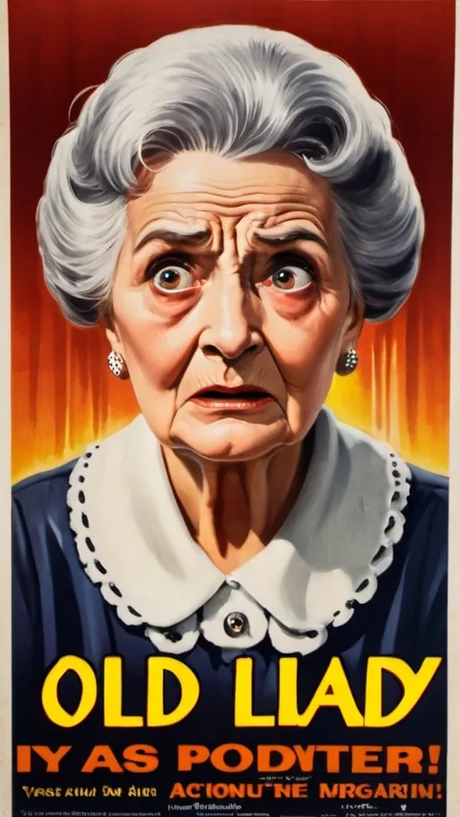 Prompt: Vintage old lady afraid movie poster