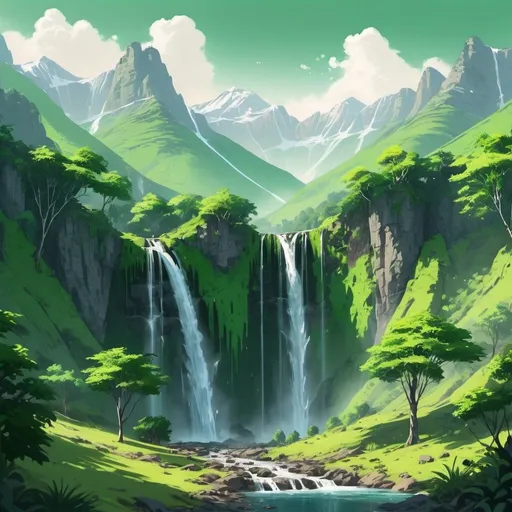 Prompt: Mountains green in colour.Grrwn trees with shade . Afternoon lights of sun . One big and one small waterfalls.